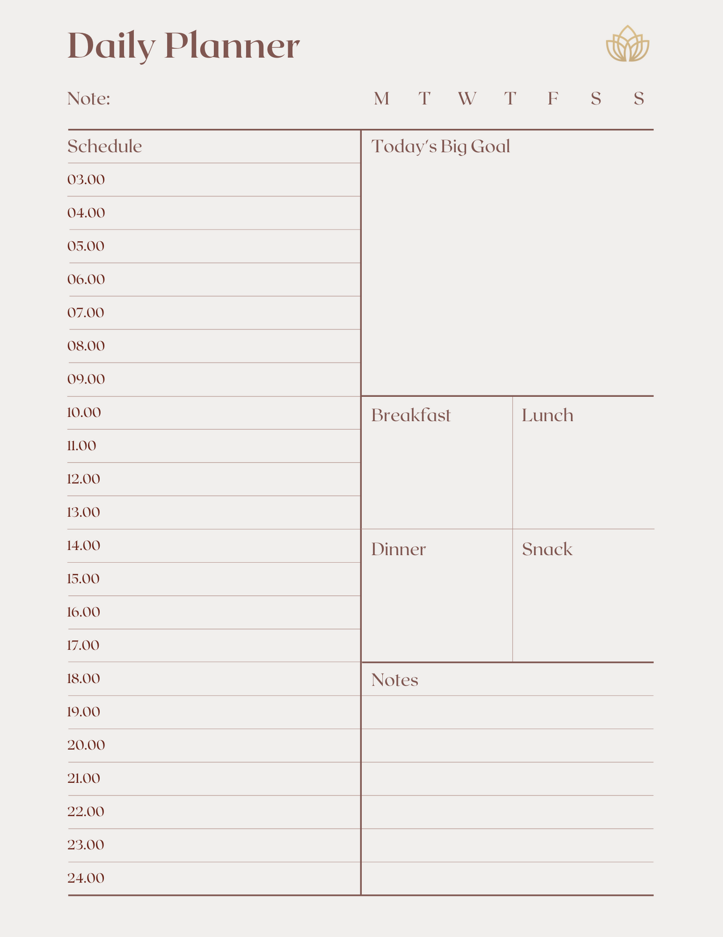 Simple Brown and Beige Minimalist Daily Planner